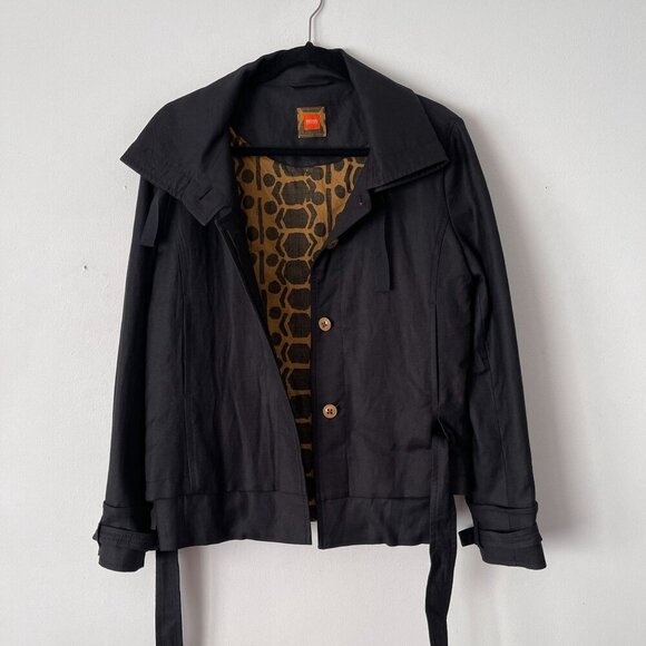Hugo Boss Black Linen Belted Jacket Blazer Animal Print Lining Size 8 Wrap Back - Picture 10 of 16